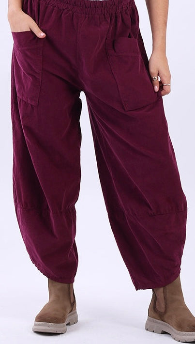 “Toni “ burgundy pin corduroy Italian cocoon trousers
