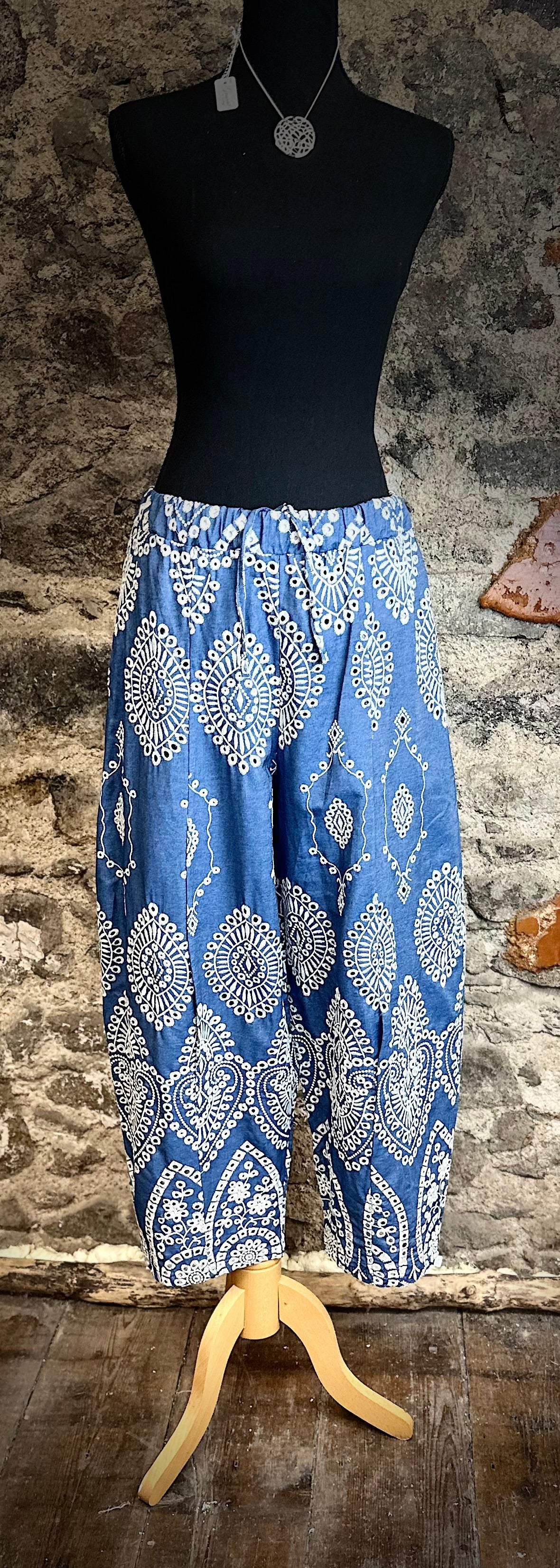 “April “ denim angelaise  detailed cocoon Italian pants