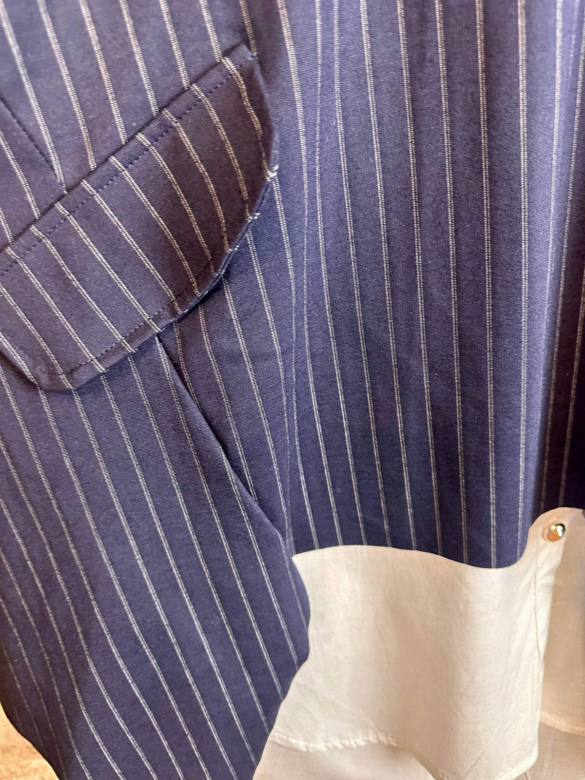 “Sandi “ navy pinstriped irregular asymmetric Italian tunic