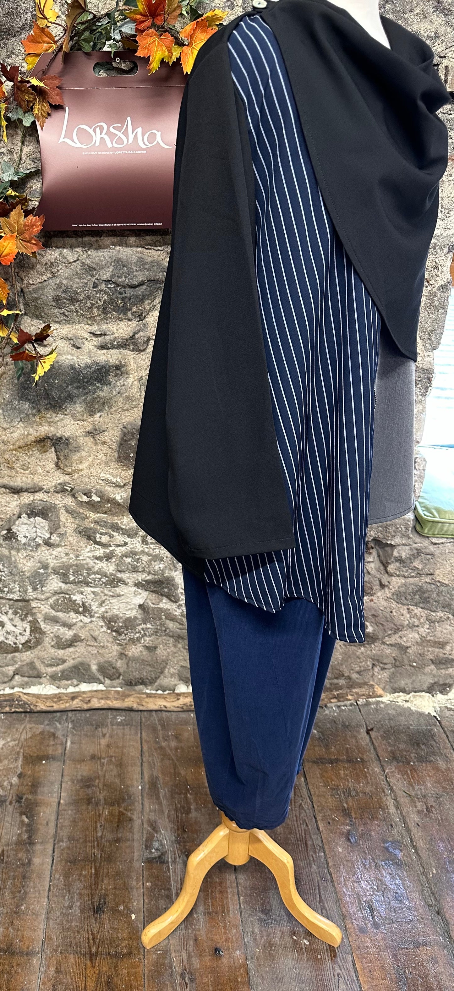 “Darci “ unusual drape  neck Italian jacket navy pinstripe