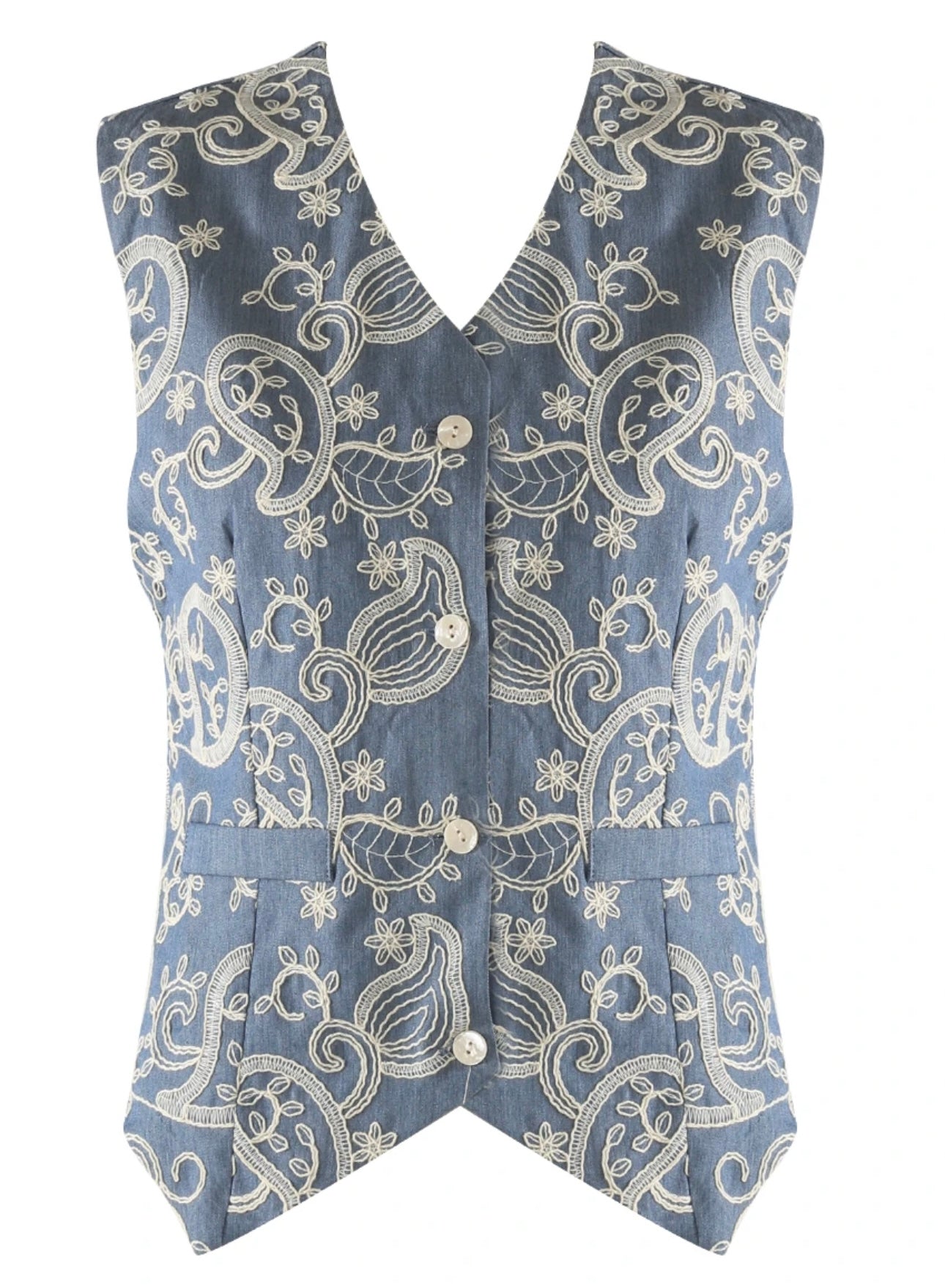 “Rae “ French denim embroidered waist coat size small