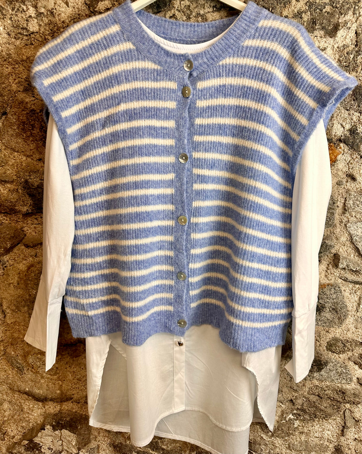 “Jessie” sky blue and cream Italian knit waistcoat