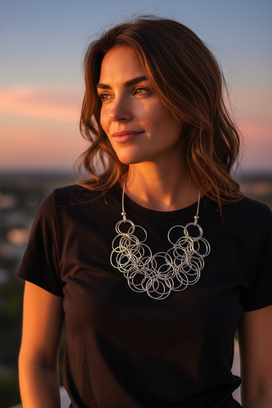 Sculptural  silver and leather suede interlinked neckpiece