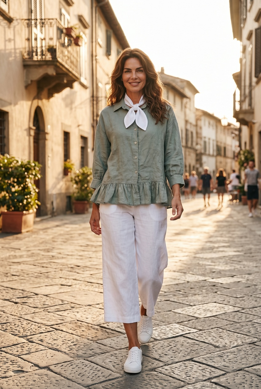 “Freya “ Italian sage green frill shirt