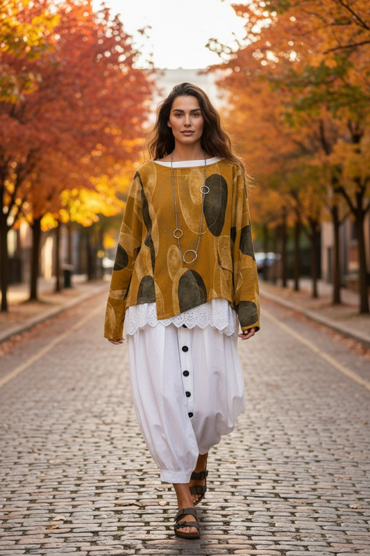 “Betty “mustard and slate pin corduroy tunic