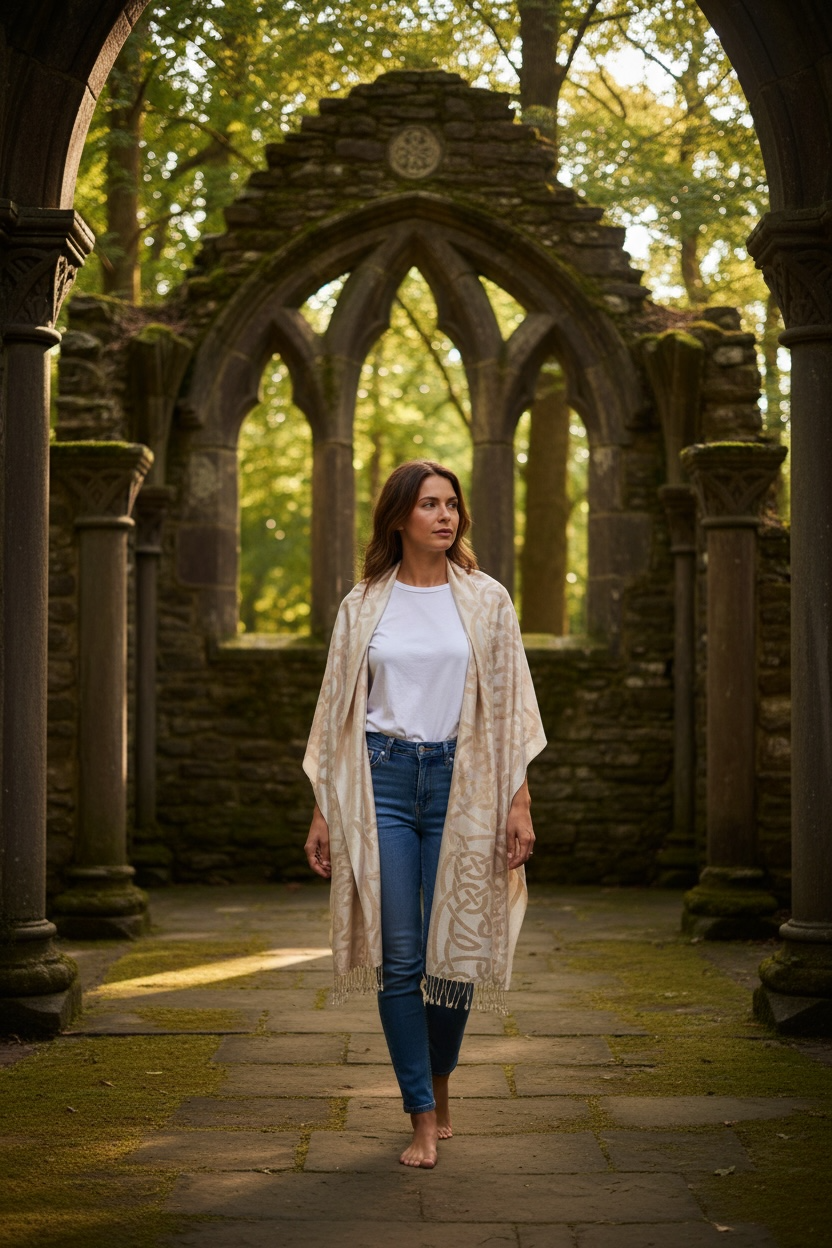 Buttermilk cream Heritage Irish designed knotwork pashmina