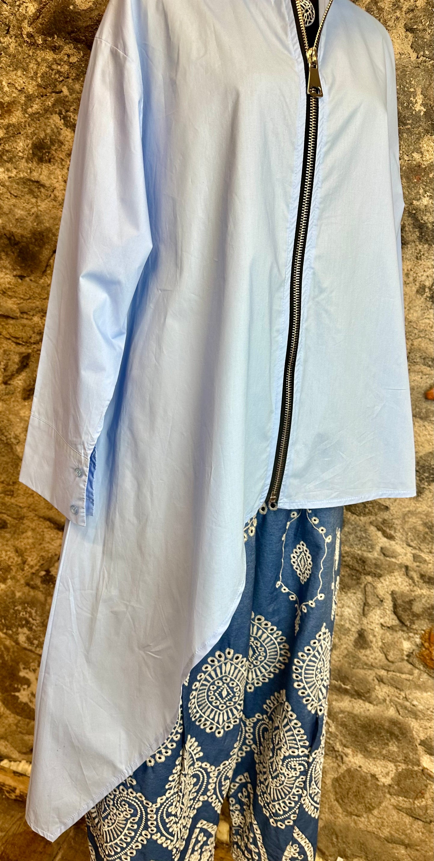 “Serrin “ powder blue asymmetric dramatic Italian shirt