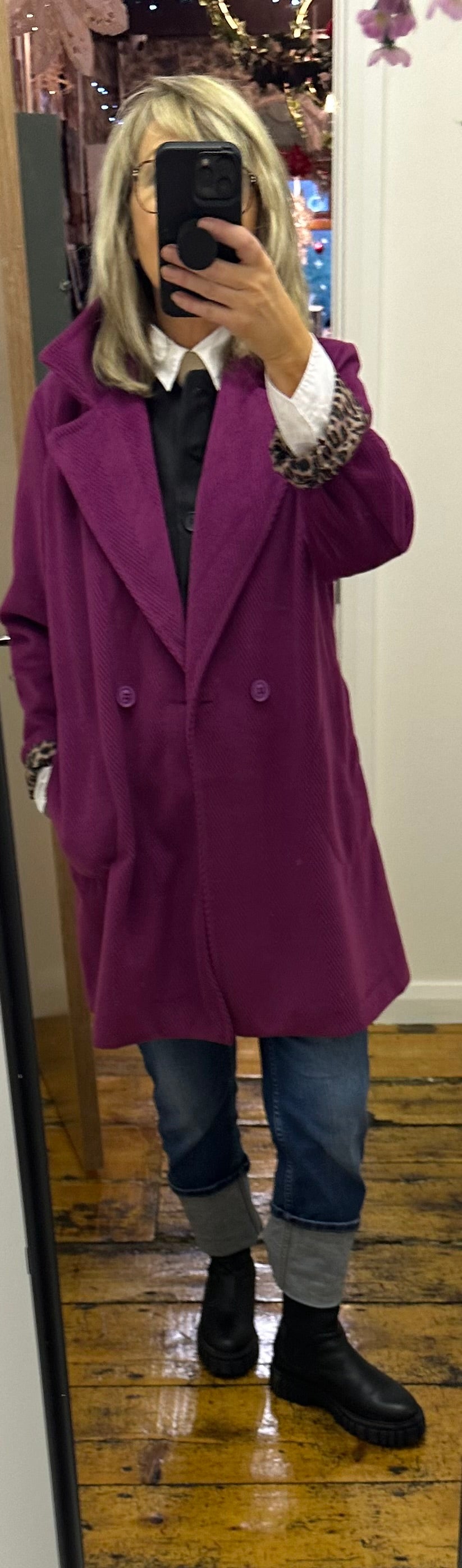 “Lydia “ fuchsia Italian double breasted chevron corduroy dress coat