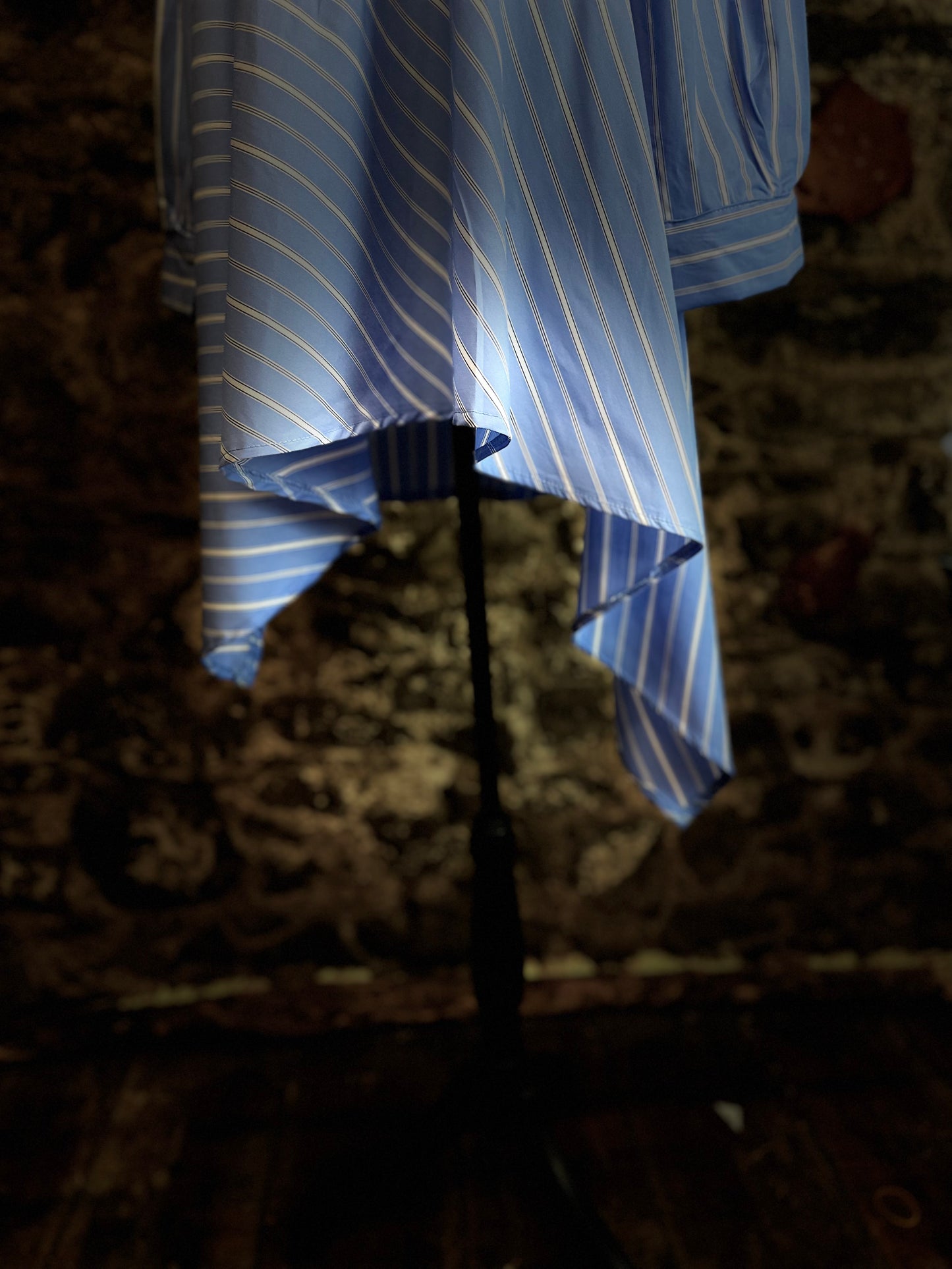 “Sofia “ sky blue Italian pinstriped asymmetric dress shirt