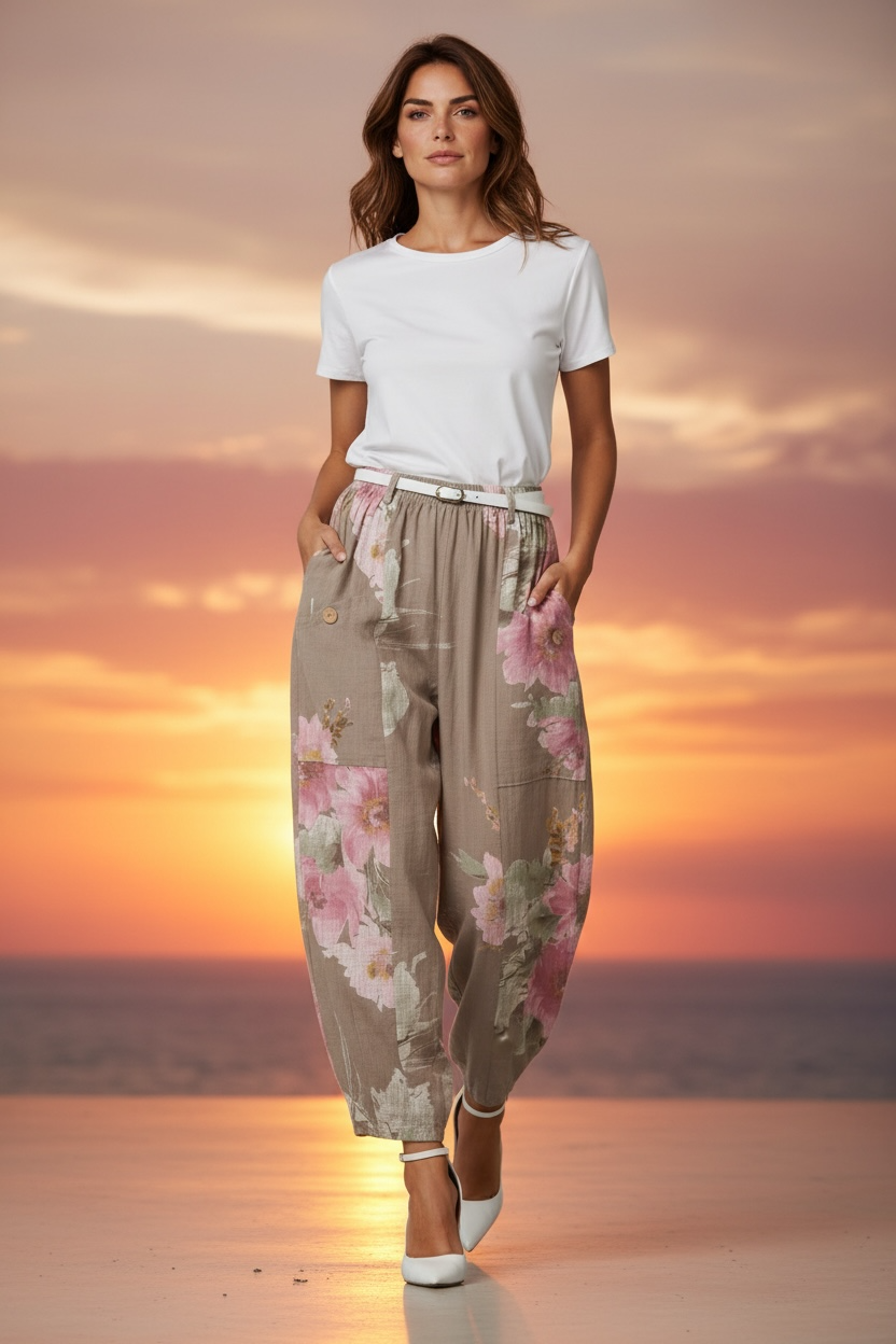 “Karina” mocha Italian linen floral cullottes