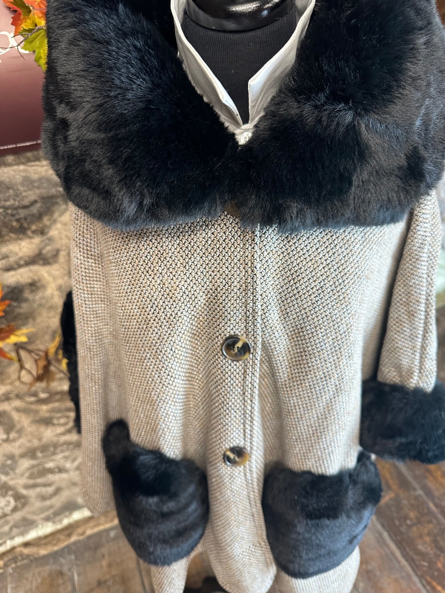 “Paula “ cream and chocolate cosey vegan fur cape jacket