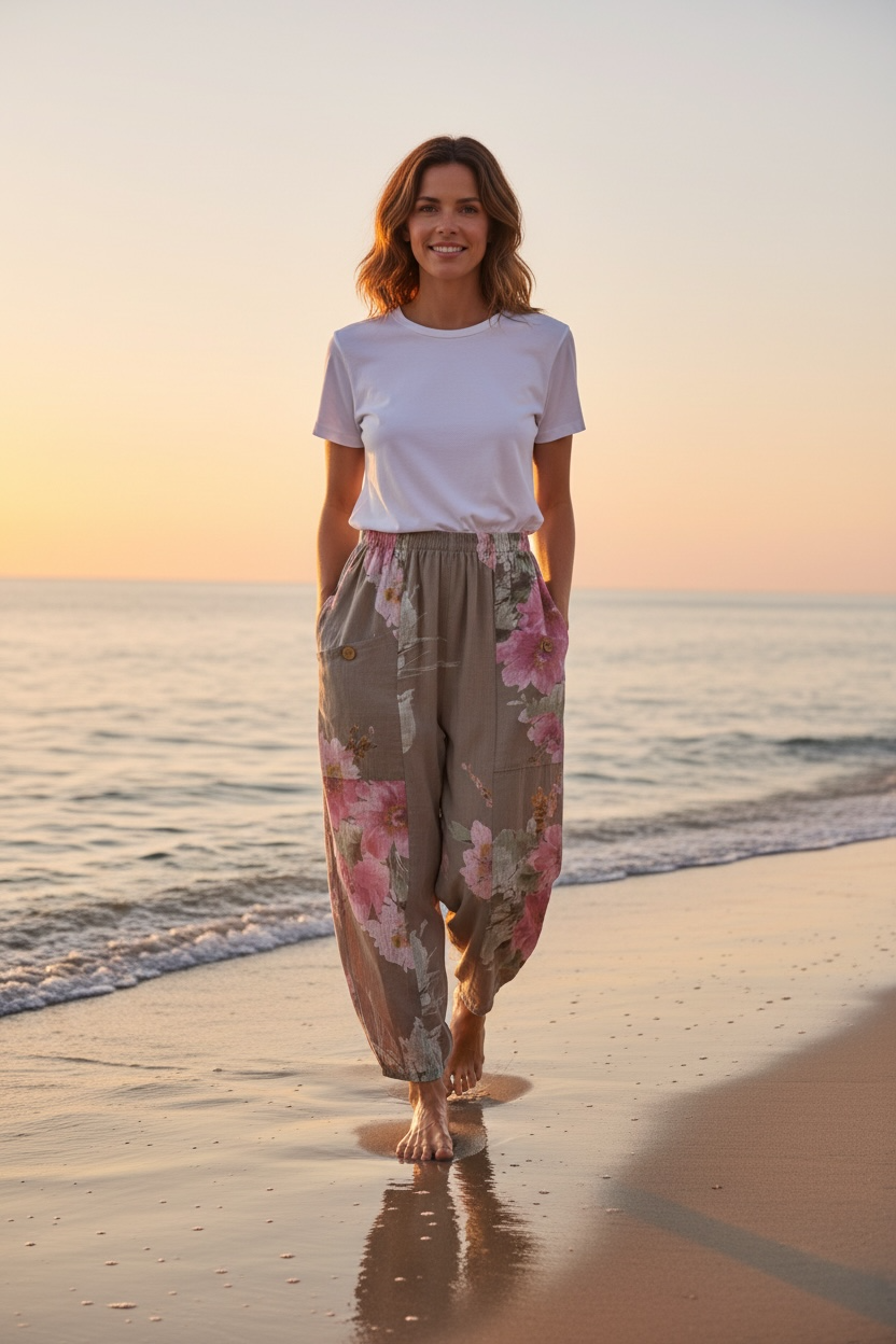 “Karina” mocha Italian linen floral cullottes