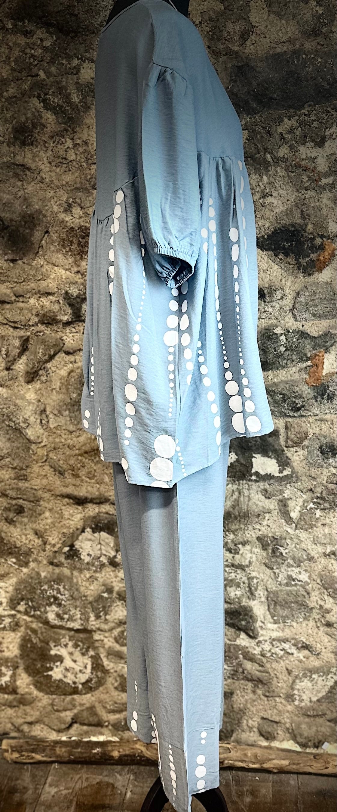 “Davina “ cloudy blue Italian gathered empire line tunic
