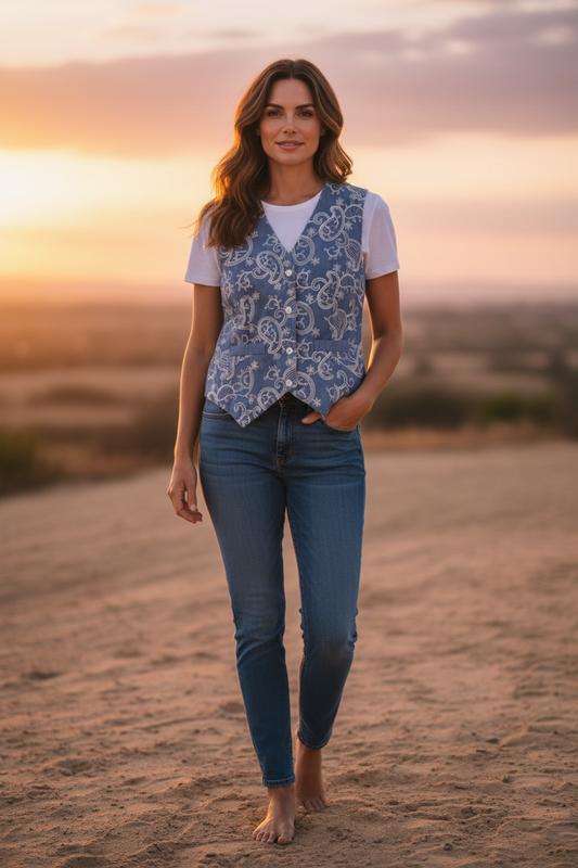 “Rae “ French denim embroidered waist coat