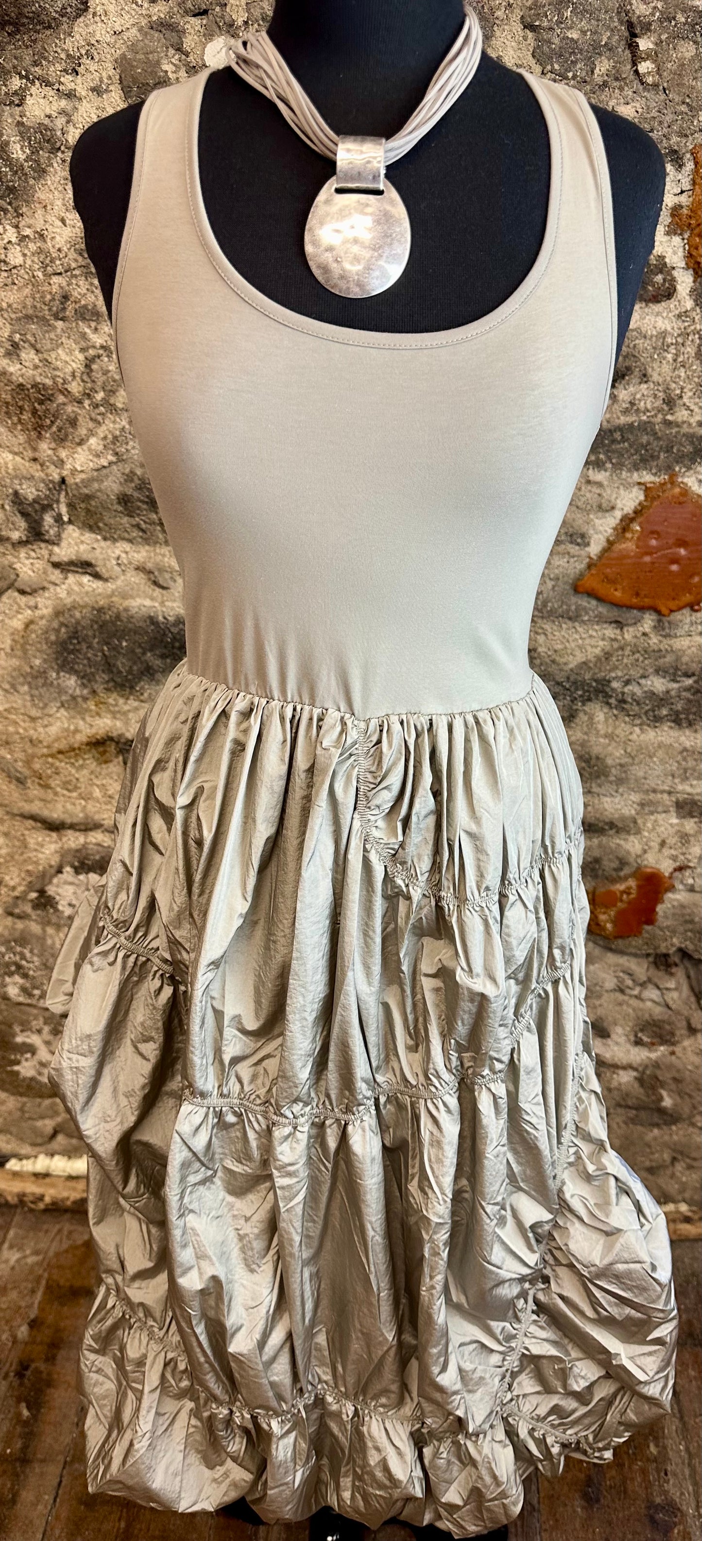 “Raina  “ mocha rushed Italian mixed fabric tank top dress
