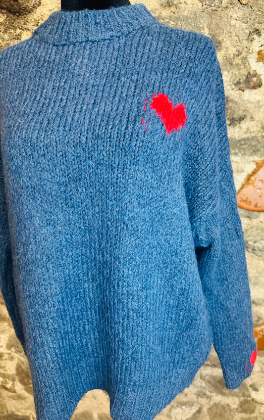 “Evie “ denim blue little red ♥️heart Italian loose knit