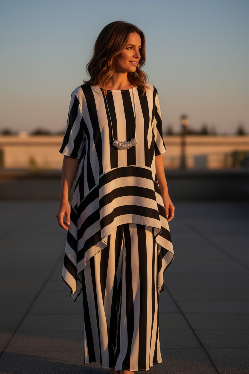 “Lira” monochrome ivory and black Italian two piece.