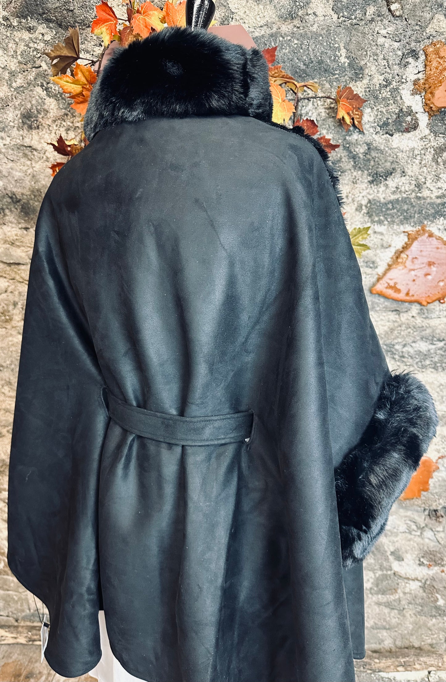 “Regina “ Ebony suedette coat cape with vegan fur