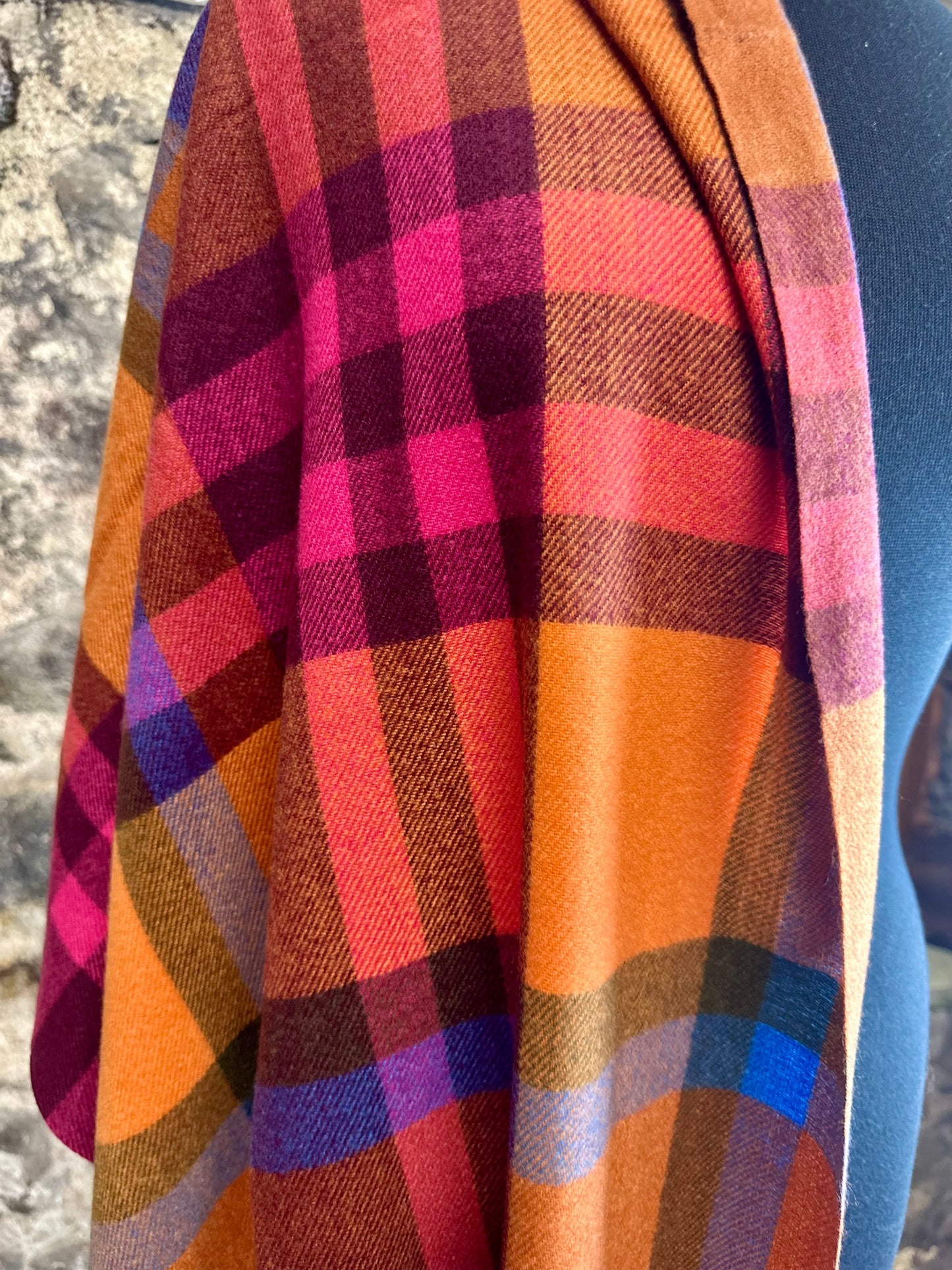 Super soft wool mix rainbow warm terocotta and cerise  plaid wrap