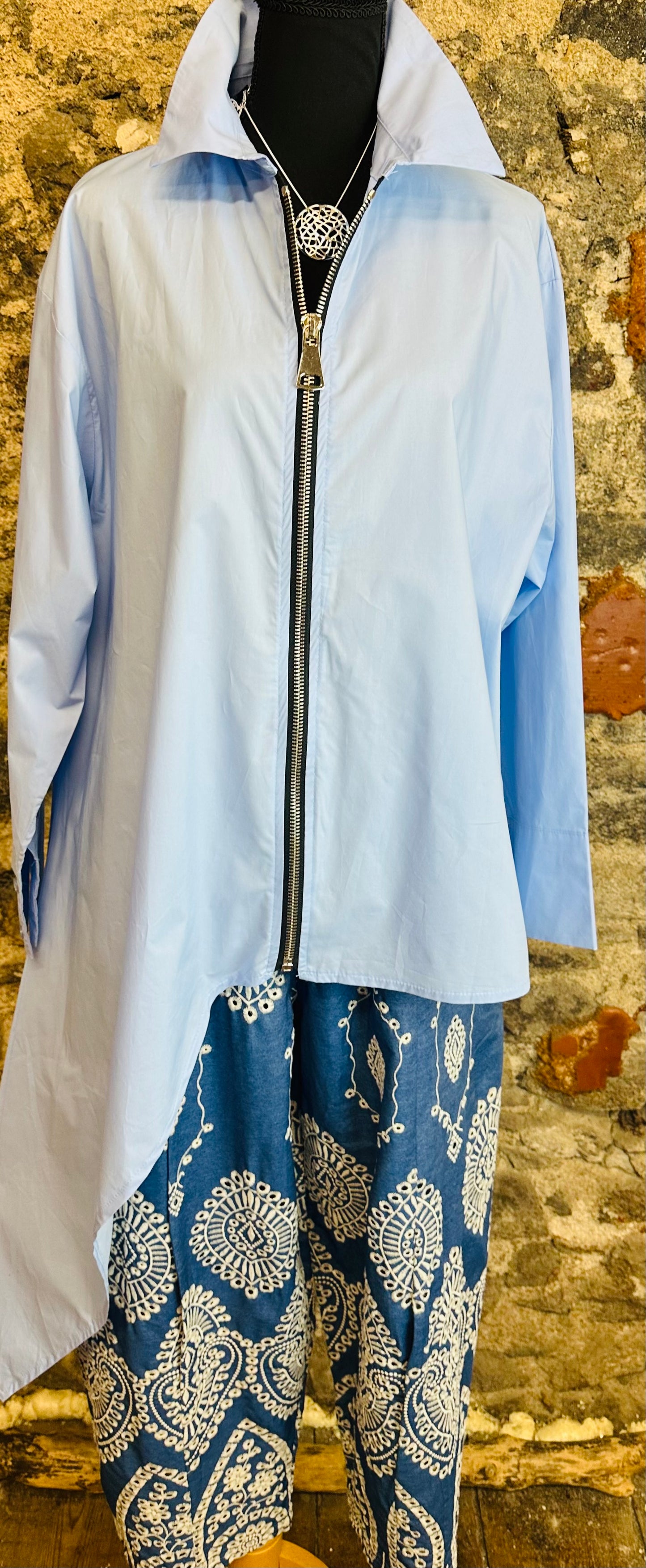“Serrin “ powder blue asymmetric dramatic Italian shirt