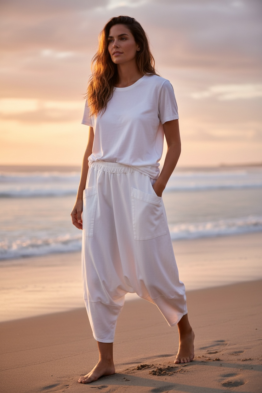 “Chrissie” white Italian bucket pocket jersey cotton trousers