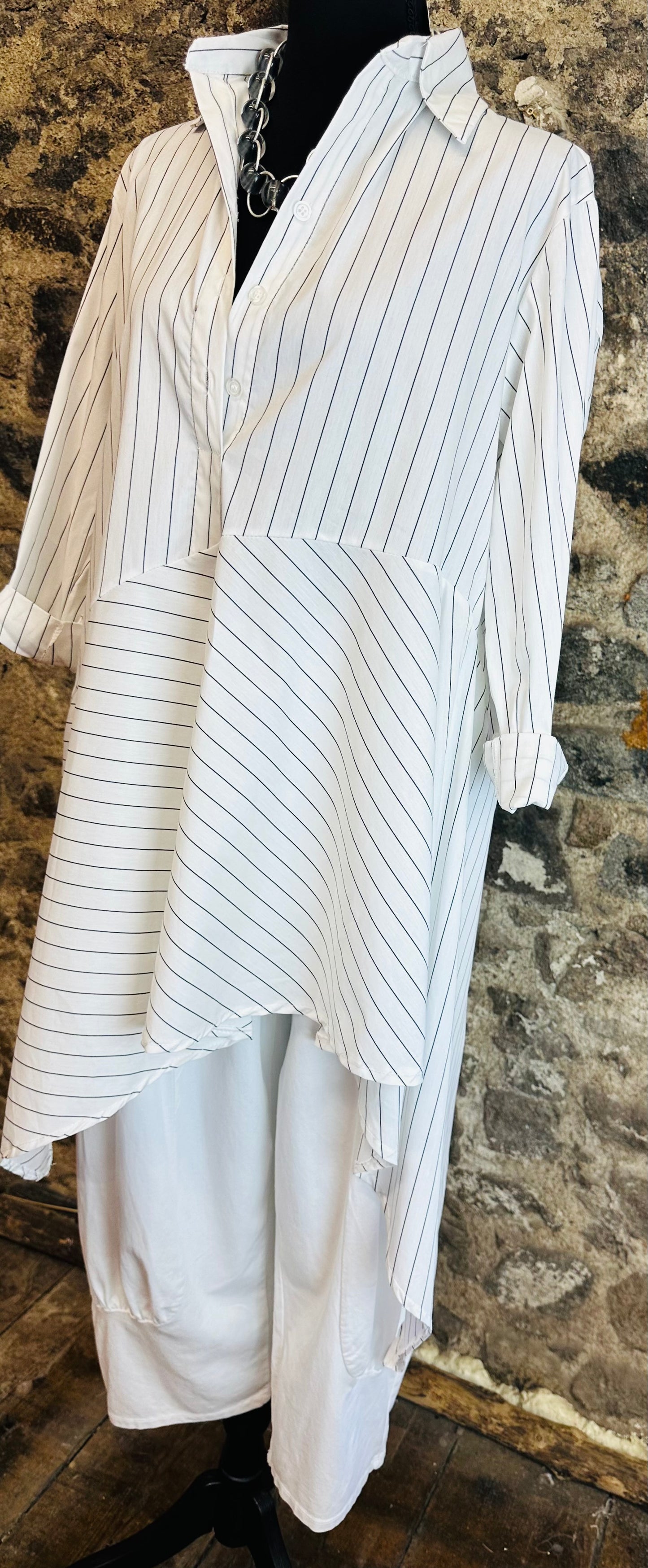 “Sofia “ Italian asymmetric dress shirt white pinstriped