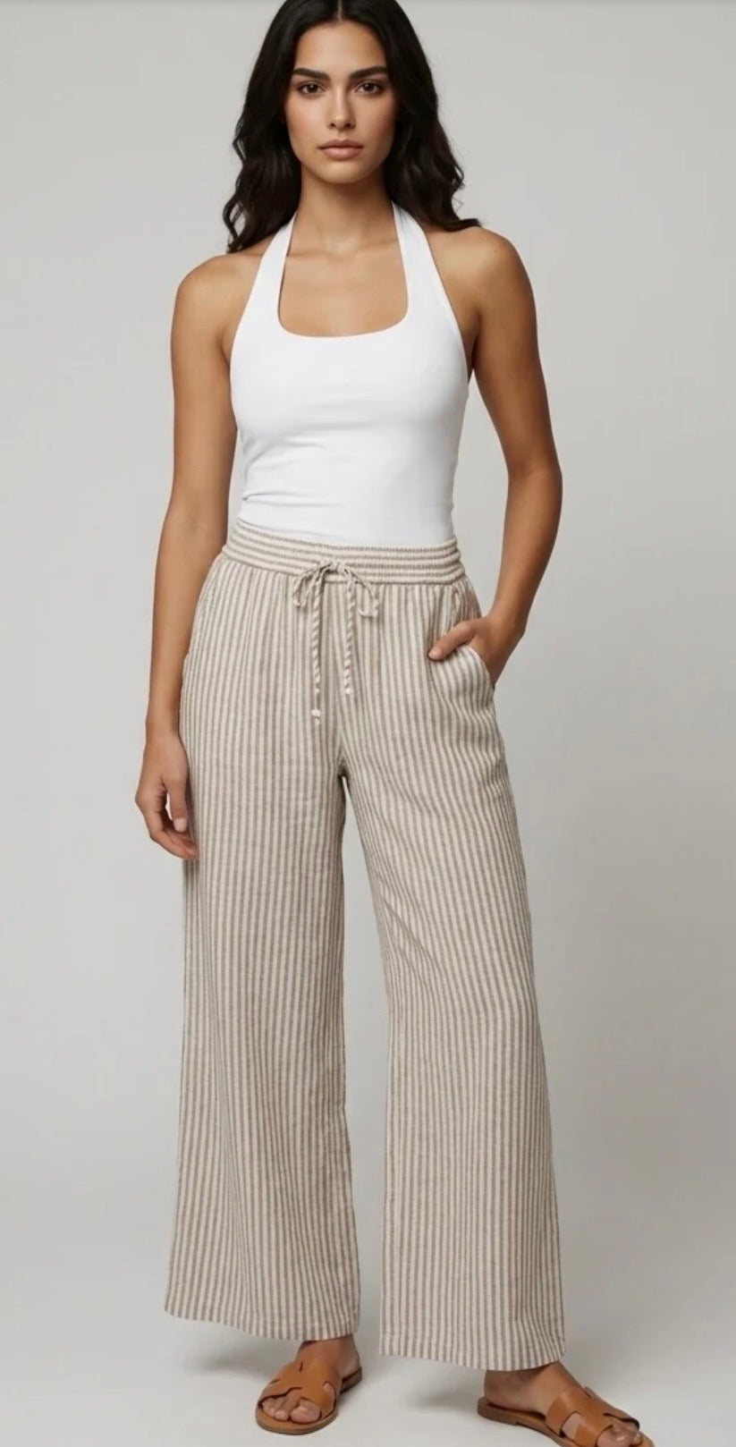 “Sandie “ mocha and cream stripe Italian linen cullottes