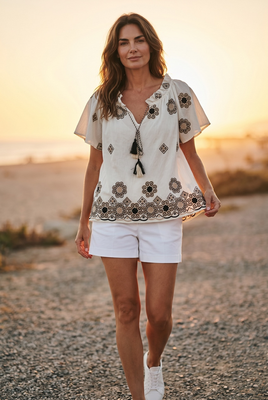 “Liza “ Ivory embroidered detailing summer blouson top