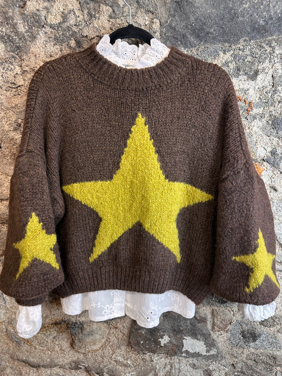 “Bowie “ Italian crew neck star knit chocolate and lime