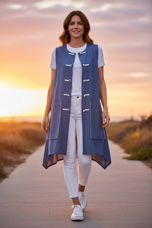 “Leia “ indigo soft denim Italian  mandarin waistcoat