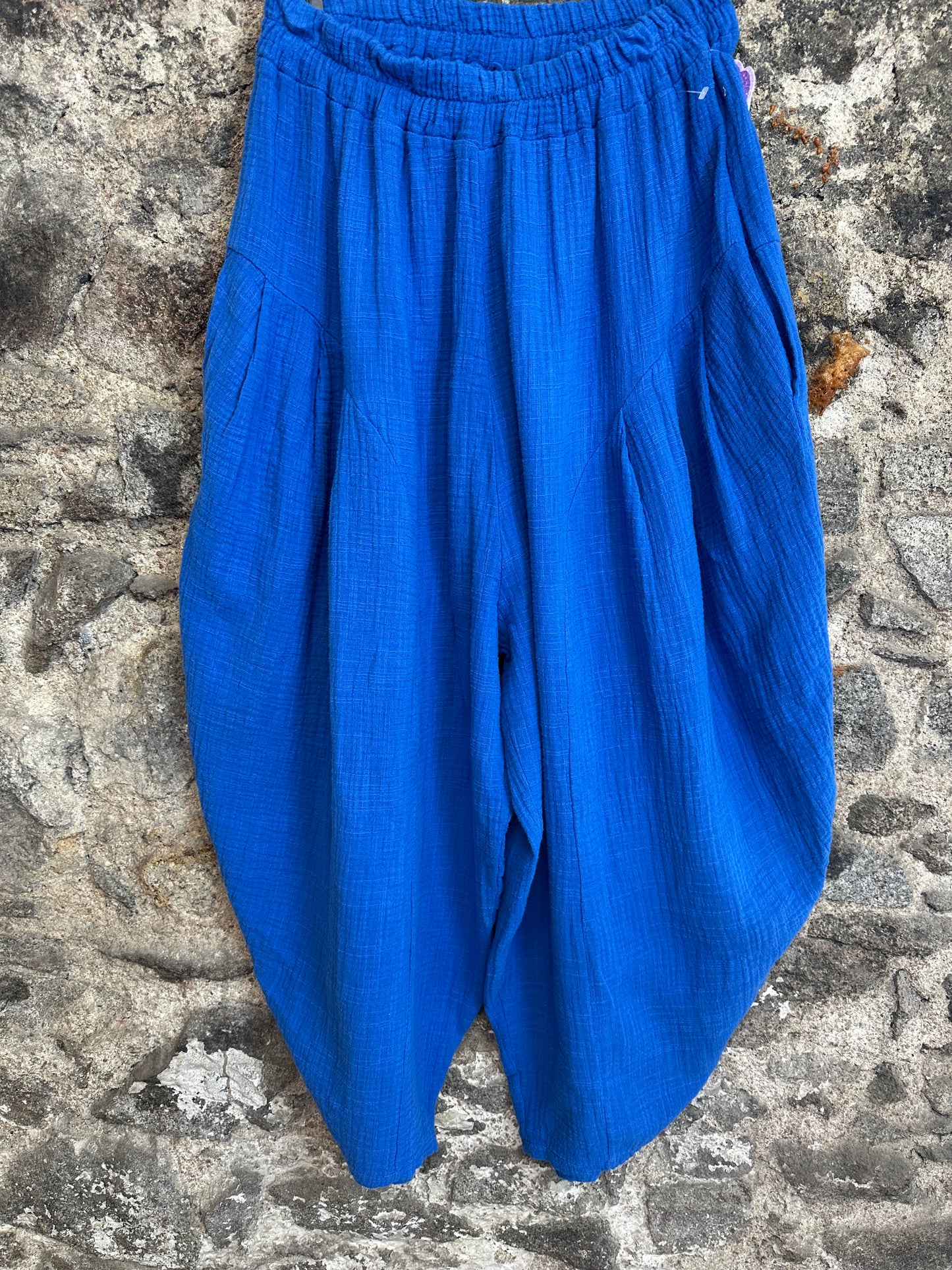 “Trudi “ azure blue Italian barrel leg cheese cloth trouser