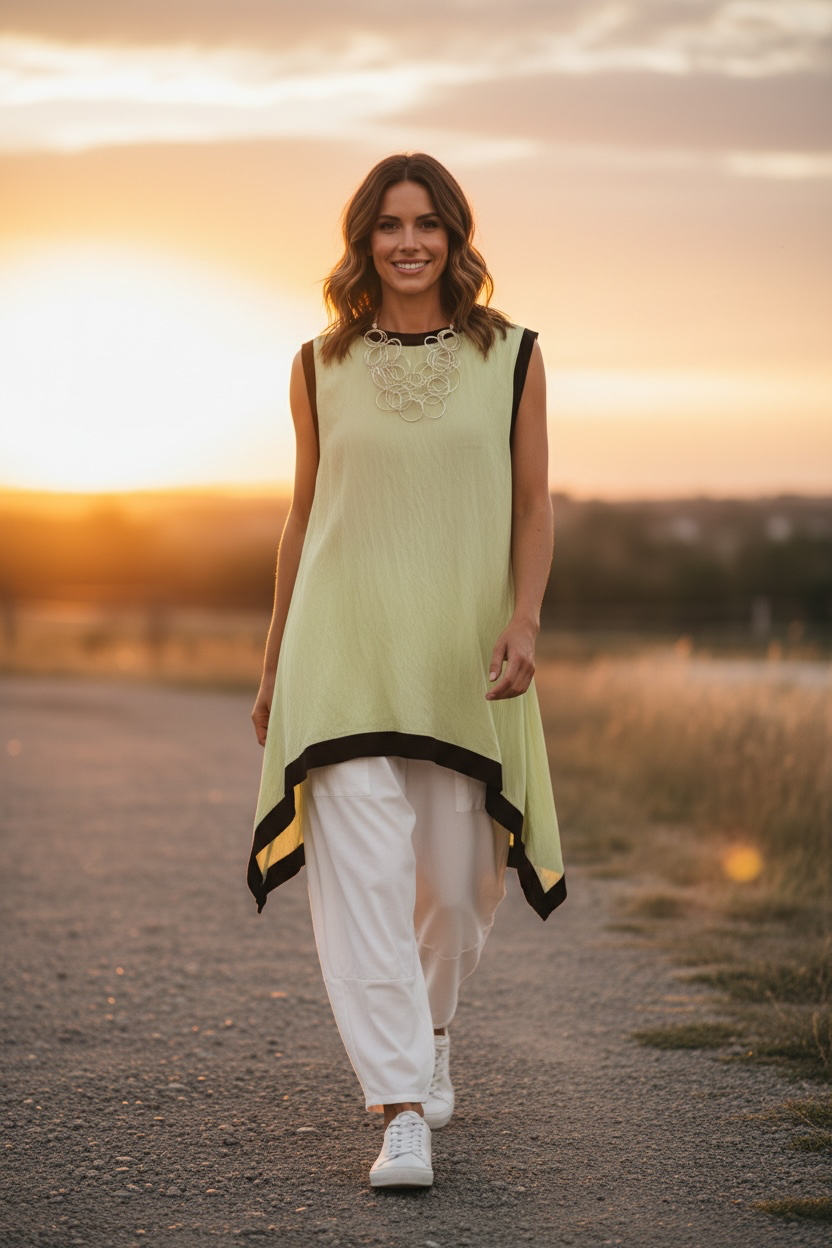 “Tilly” apple green and black trim Italian tunic