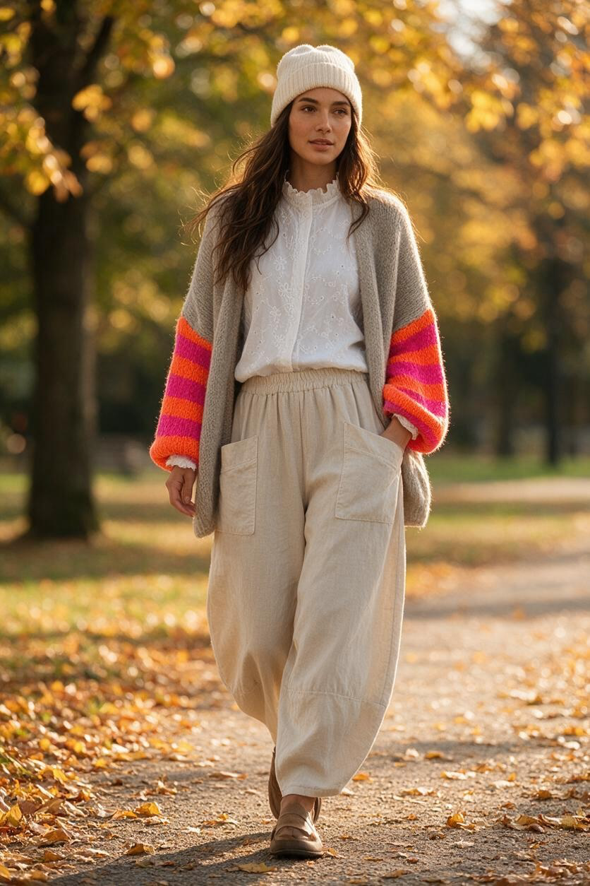 “Elsie “ neon sleeve mocha Italian open front cosey knit