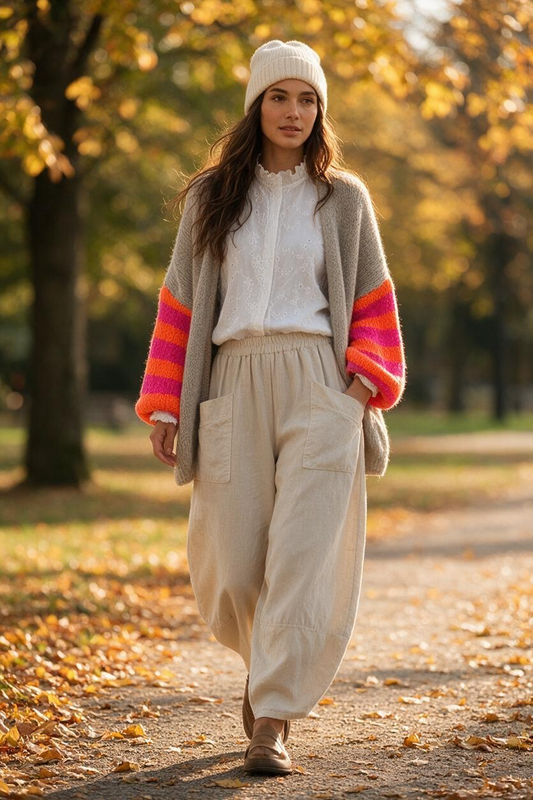 “Elsie “ neon sleeve mocha Italian open front cosey knit