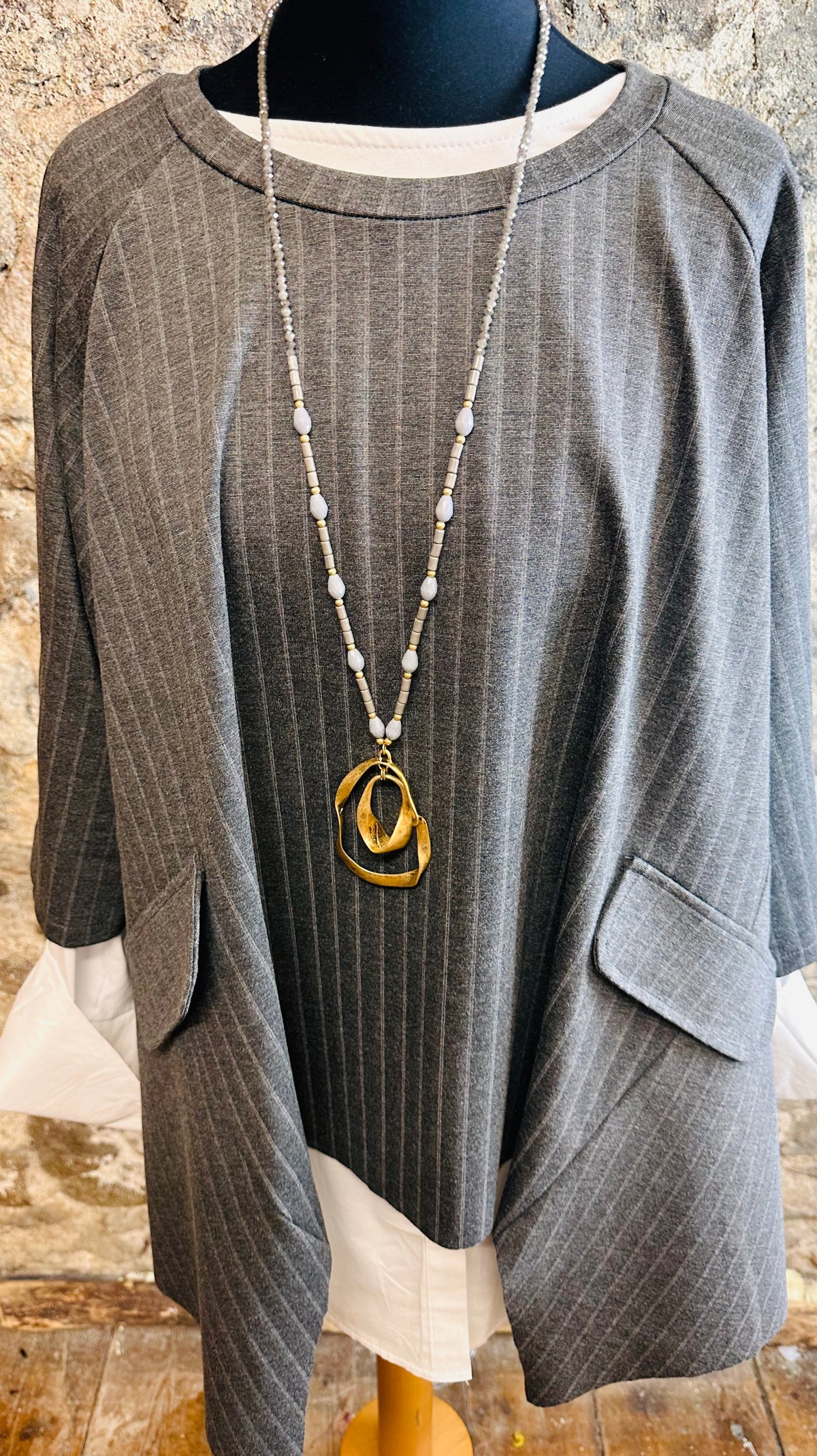 “Sandi” charcoal Italian pinstripe asymmetric tunic