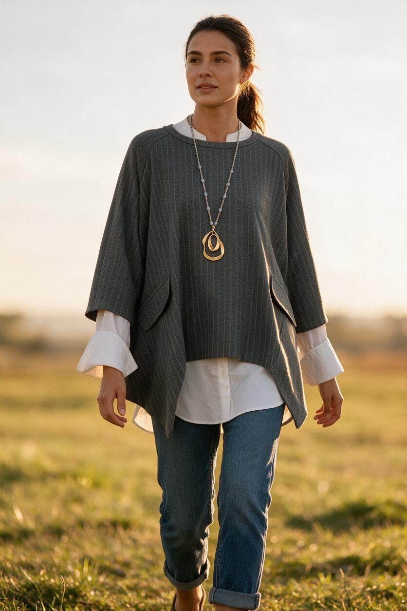“Sandi” charcoal Italian pinstripe asymmetric tunic