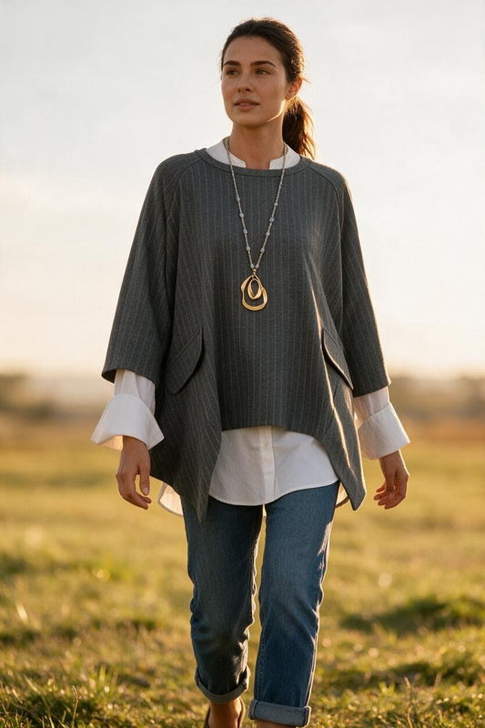 “Sandi” charcoal Italian pinstripe asymmetric tunic
