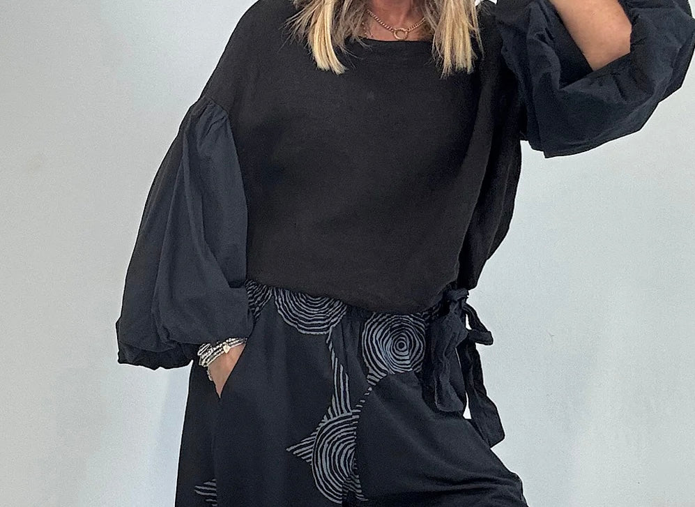 “Petra “ black linen cotton sleeve Italian blouse