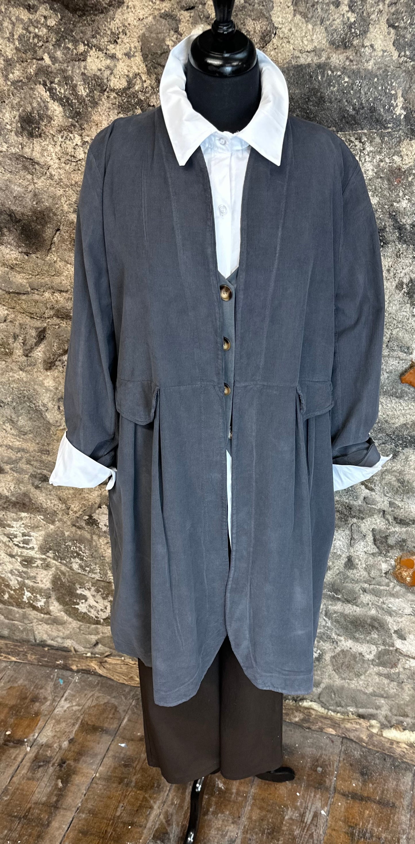 “Terri “ graphite Italian pin corduroy dress coat