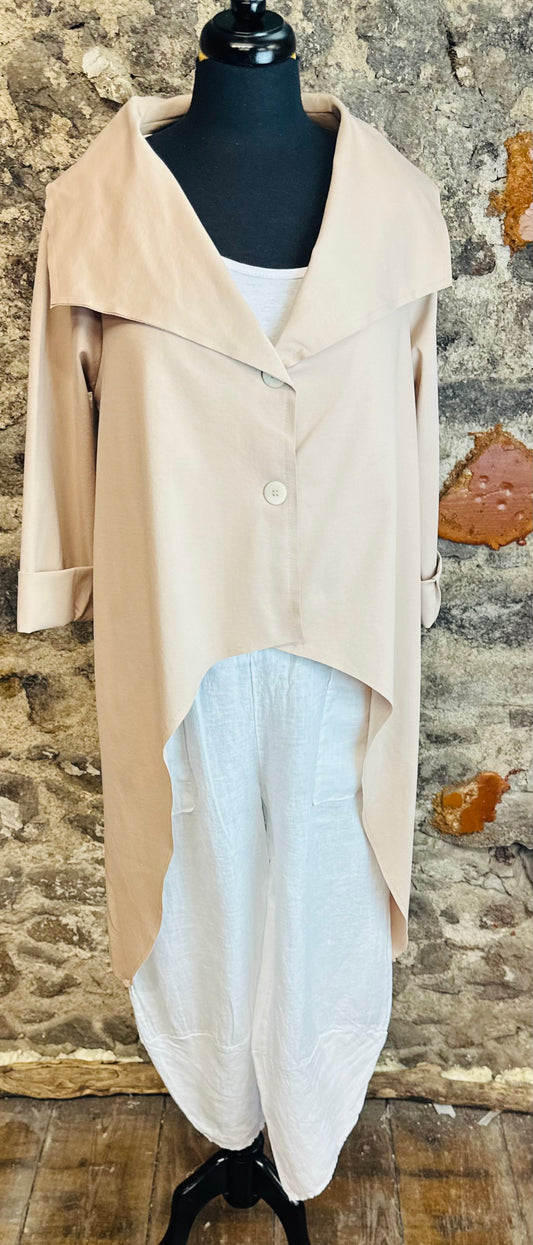 “Mira “ Italian dipped hem asymmetric jacket baileys cream