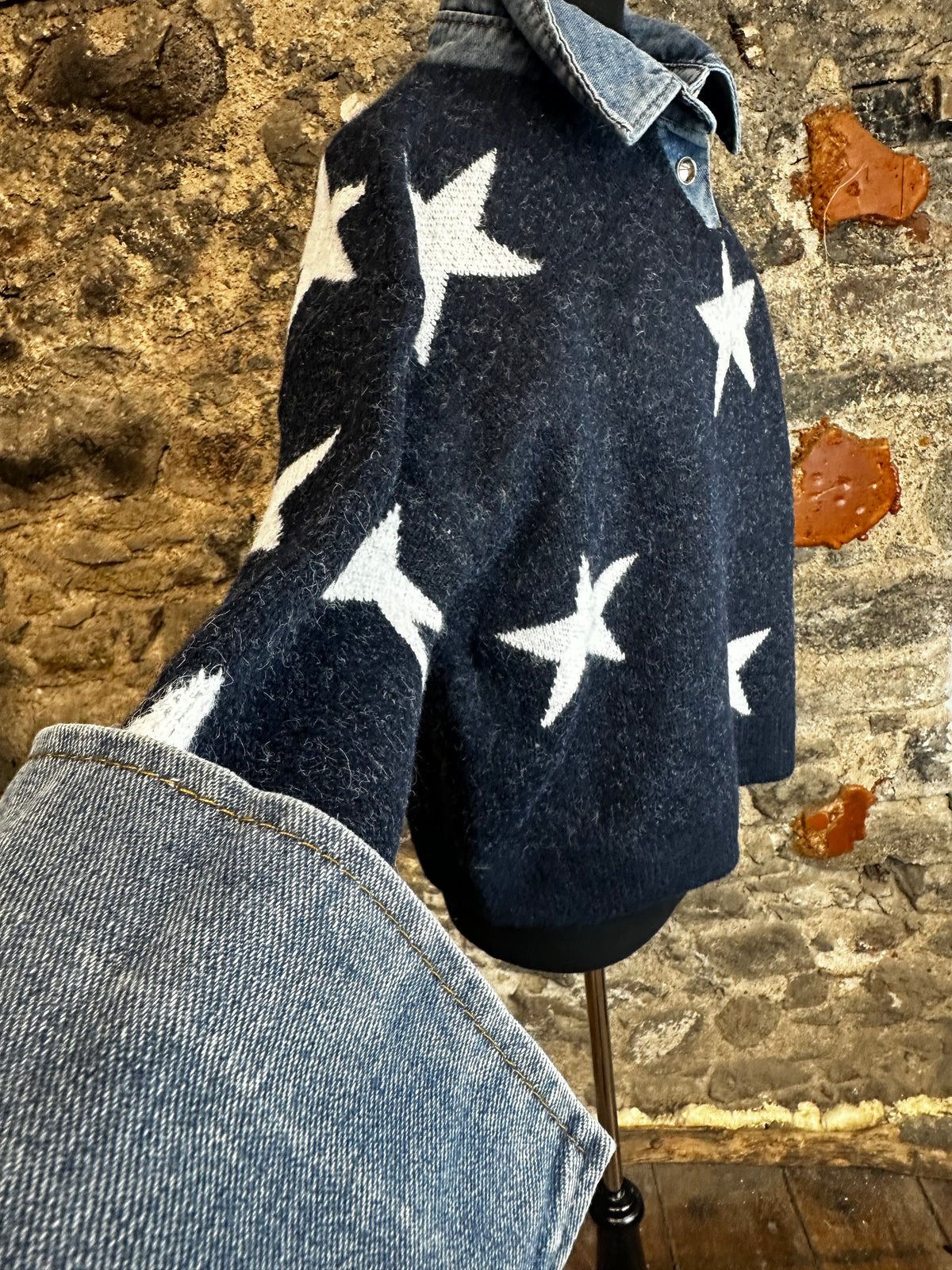 “Lauren “ navy and cream star knit with denim collar/ cuff detail