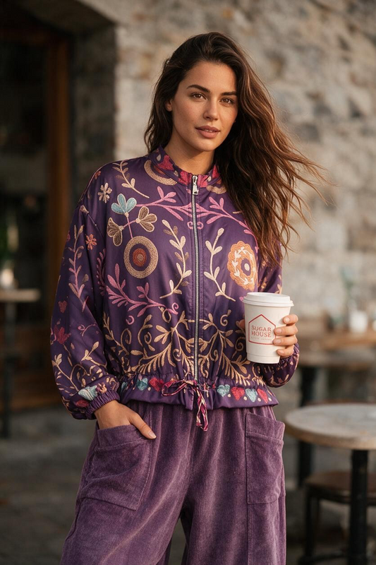 “Ellis “ plum Poly silk light print Italian bomber jacket