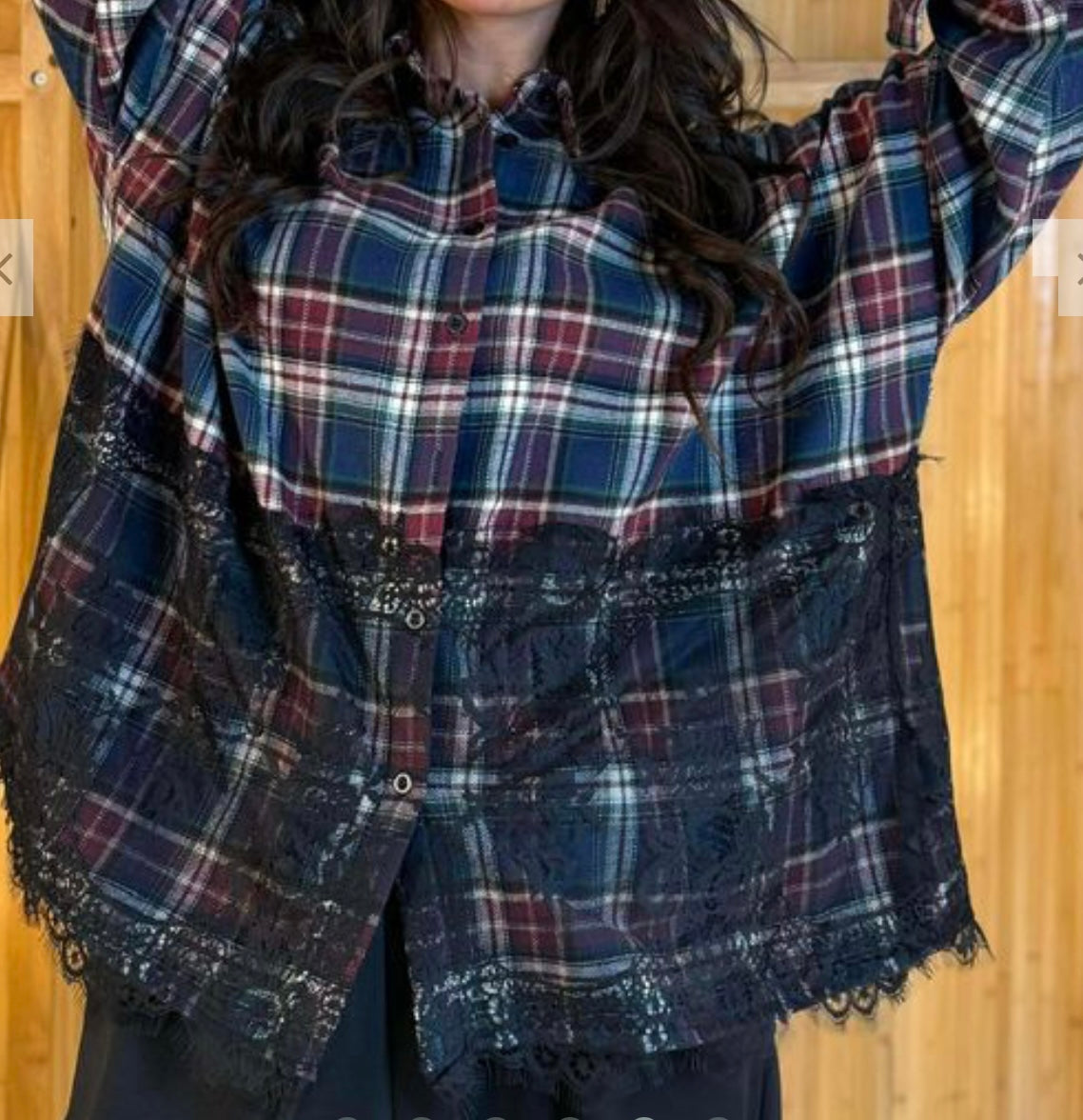 “NAIA “ plaid brush cotton and lace overlay shirt