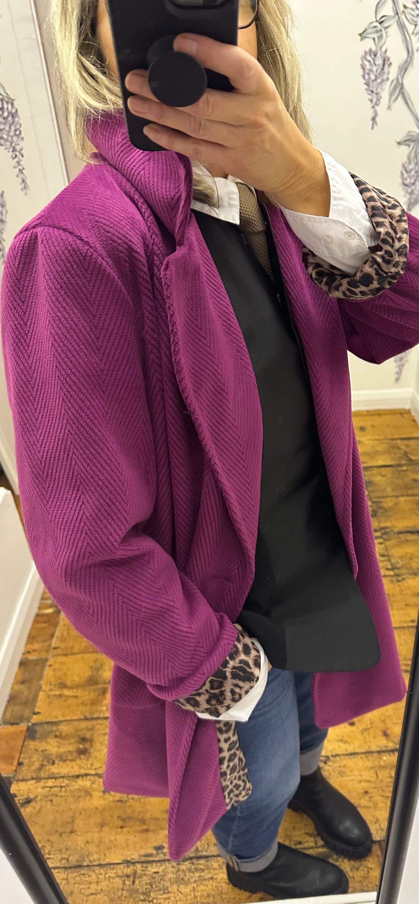 “Lydia “ fuchsia Italian double breasted chevron corduroy dress coat