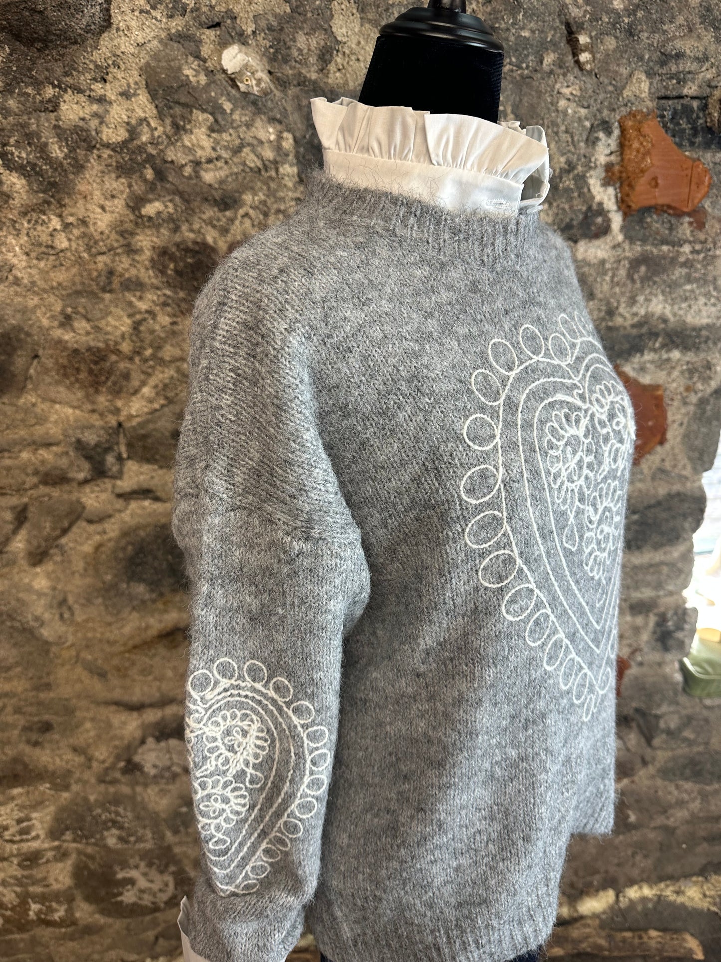 Dove grey ..heart embroidered Italian soft knit