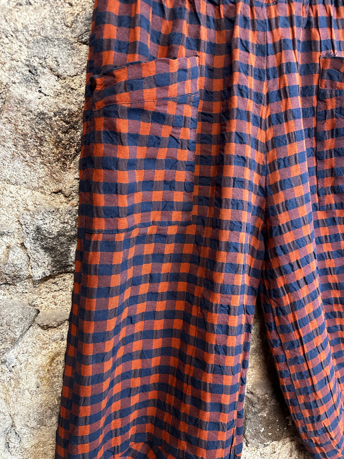 “Riley “ navy and rust Italian plaid cocoon trouser