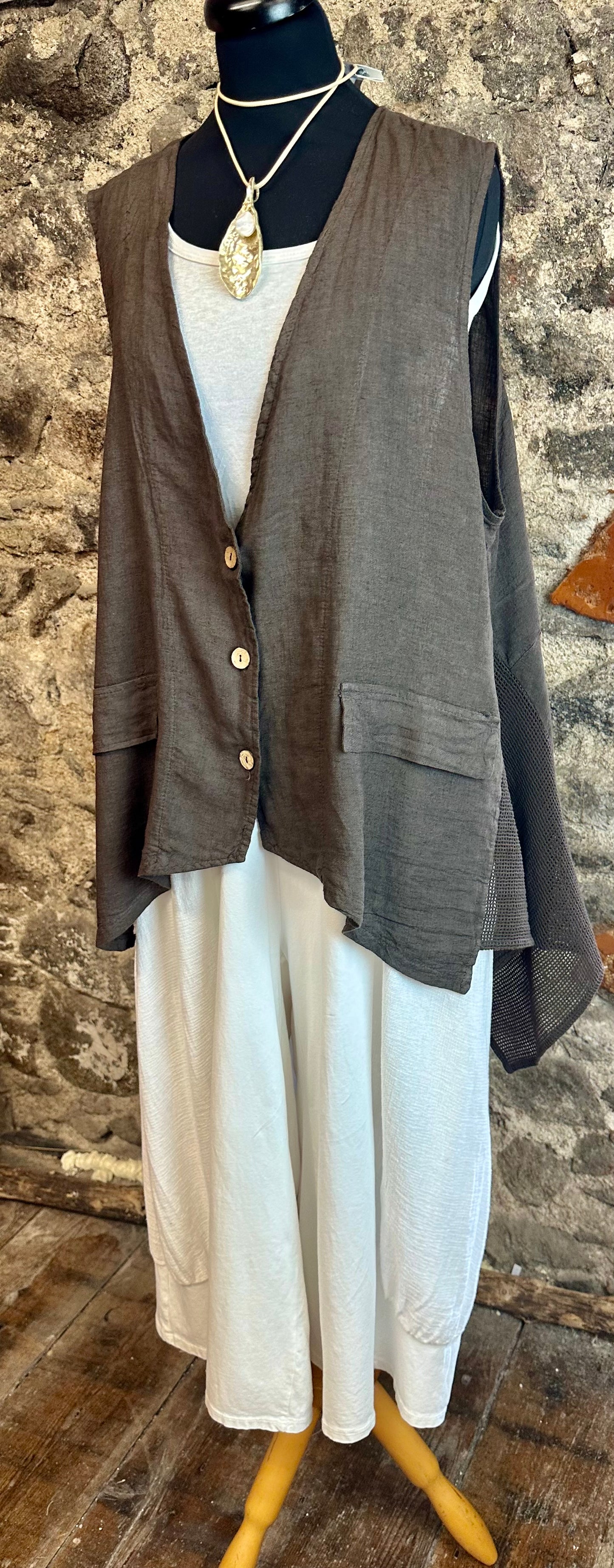 “Daisy “ chocolate linen Italian asymmetric waistcoat