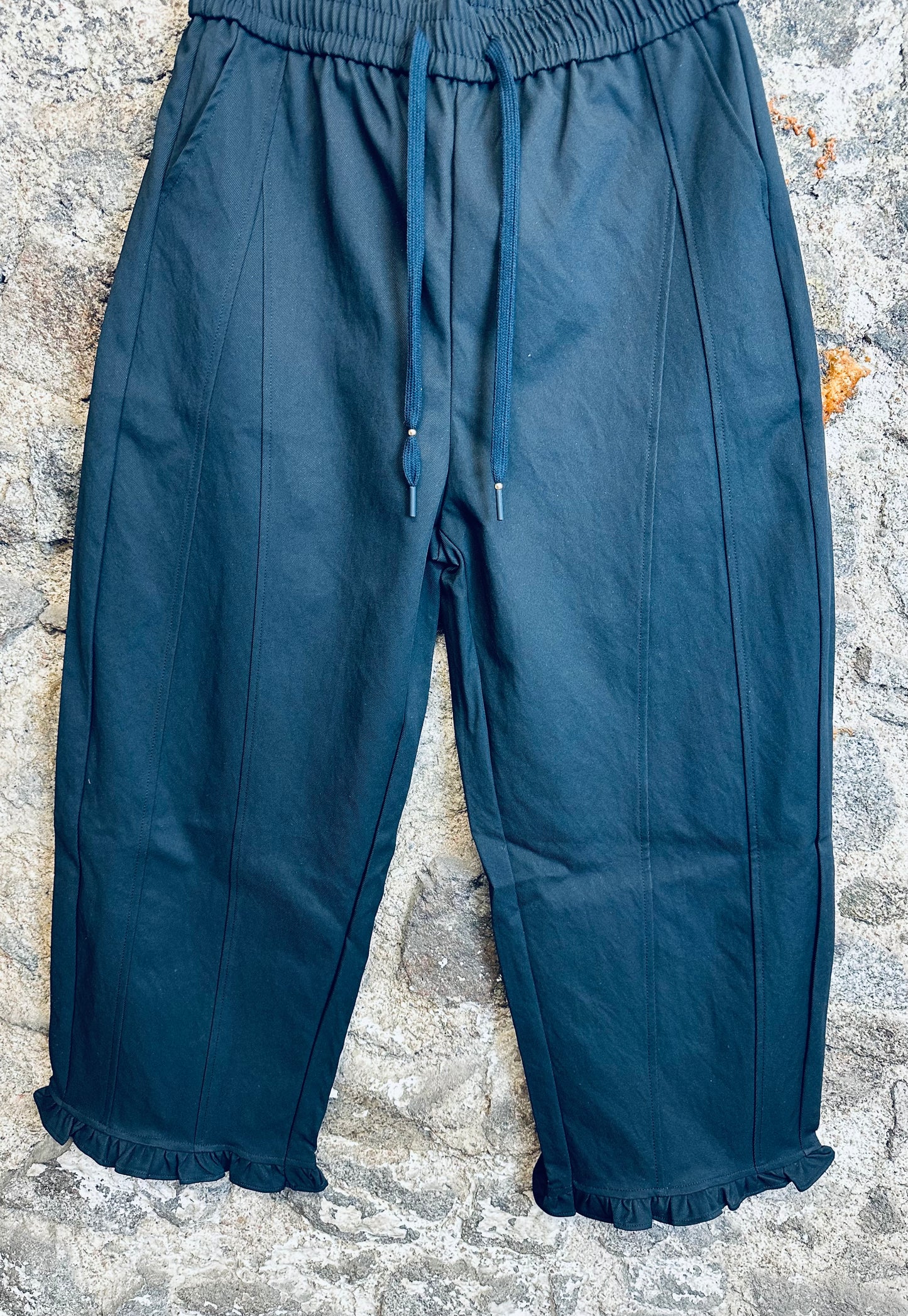 “Nicky “ ankle graze dark navy frill cuff canvas trouser