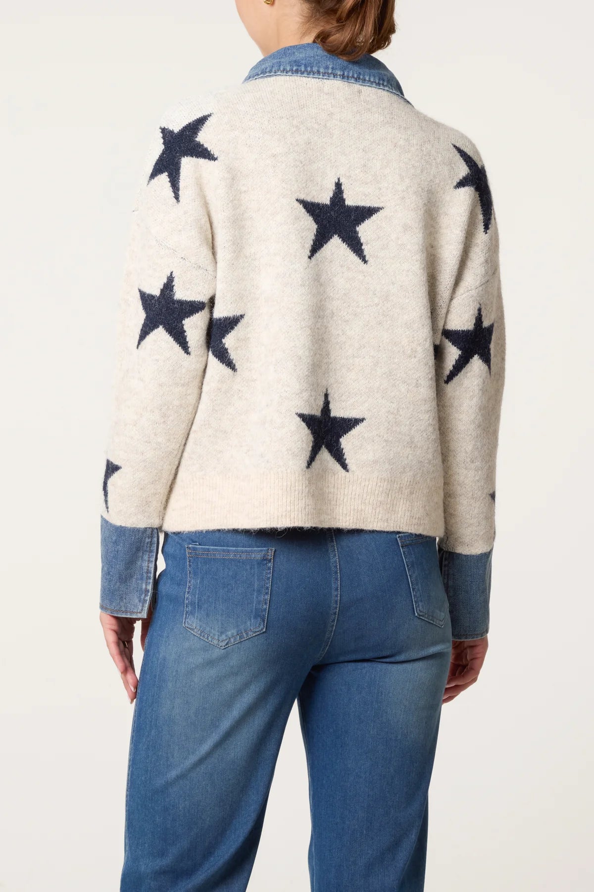 “Lauren “ star knit natural ..with denim collar and cuff