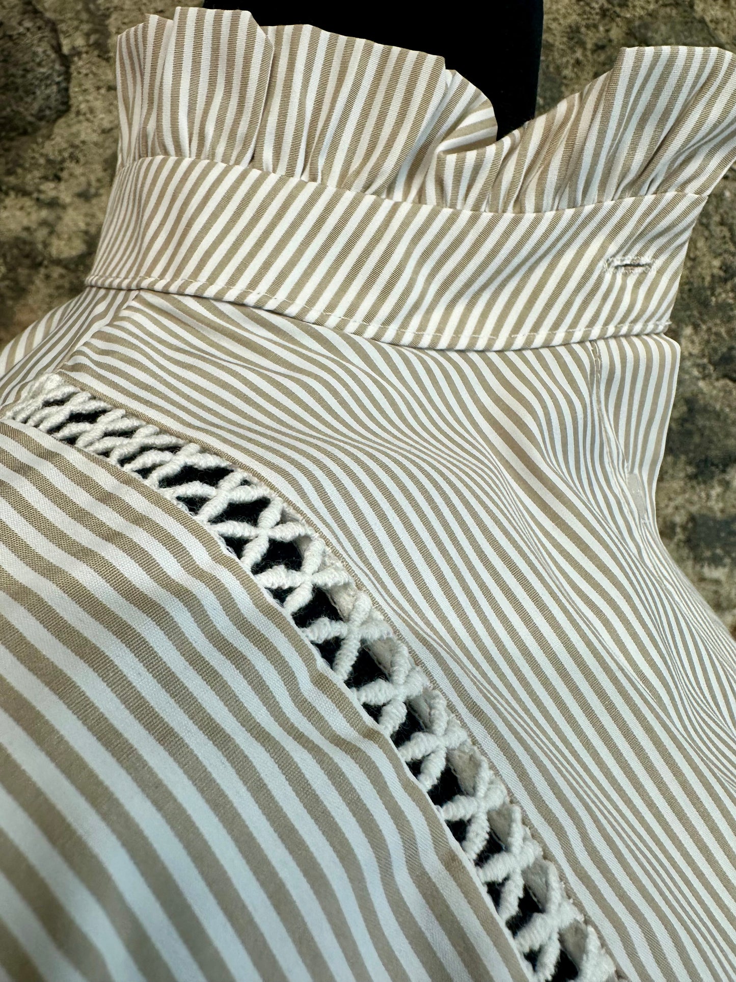 “Annabelle”pinstripe mocha and ivory pilgrim ruffle italain shirt